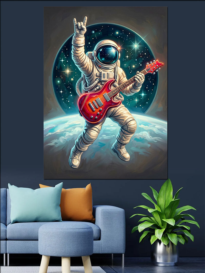 Uzayda Gitar Çalan Astronot Rock Tablosu Kanvas Tablo
