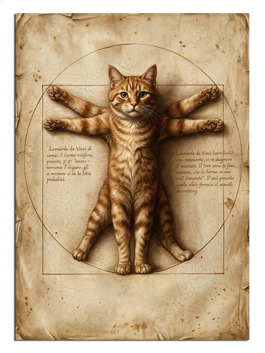 Vitruvius dairesi içinde kedi taslağı Da Vinci tarzı tablo.