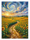 Ayçiçeği tarlası ve Van Gogh tarzı girdaplı gökyüzü manzarası tablosu.