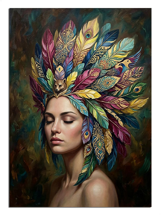 Renkli tüylü başlıklı kadın portresi boho ve etnik tablo.