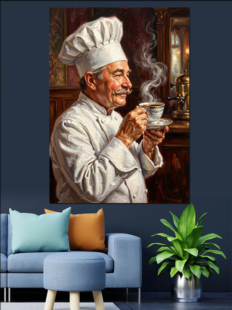 Kahve İçen Yaşlı Aşçı Şef Tablosu Kanvas Tablo