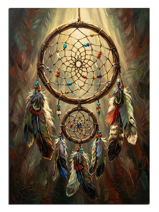 Işık altında tüylü rüya kapanı dreamcatcher spiritüel tablo.
