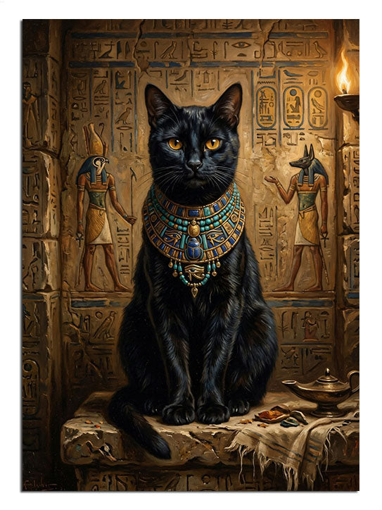 Mısır hiyeroglif duvarında mücevherli siyah kedi Bastet tablosu.