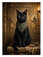 Mısır hiyeroglif duvarında mücevherli siyah kedi Bastet tablosu.