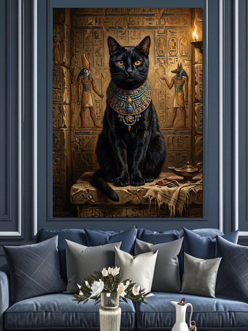Mısır Duvarında Siyah Kedi Bastet Kanvas Tablo