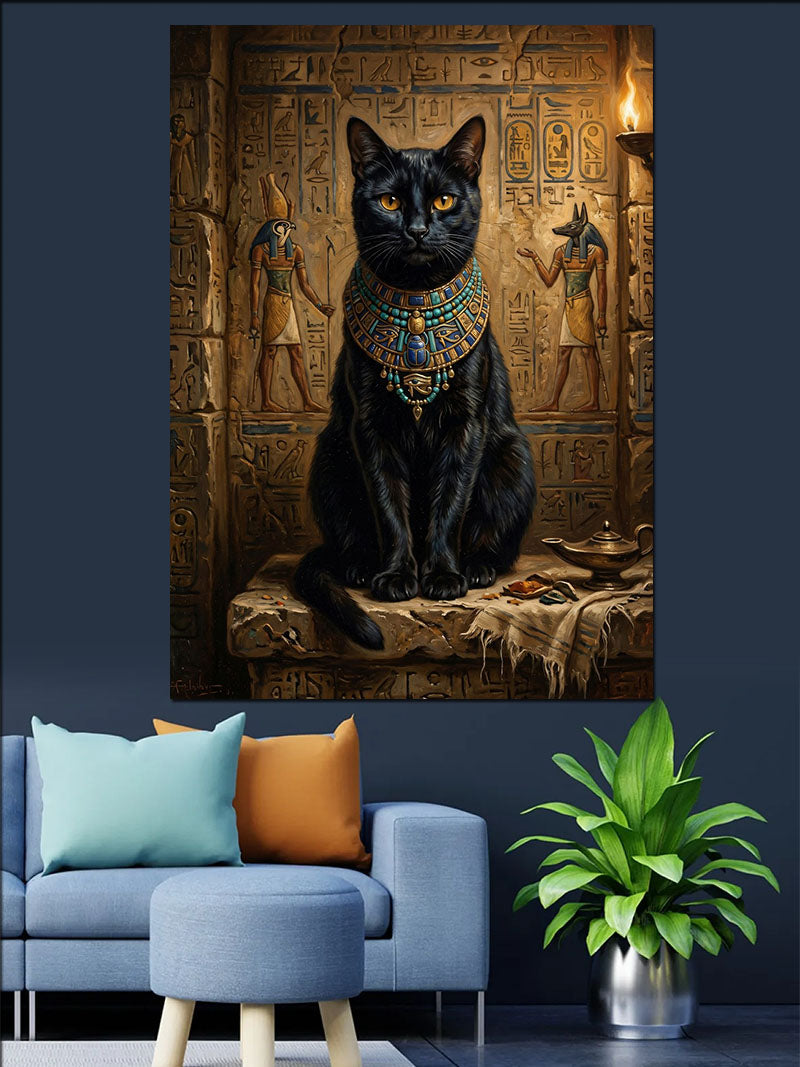 Mısır Duvarında Siyah Kedi Bastet Kanvas Tablo