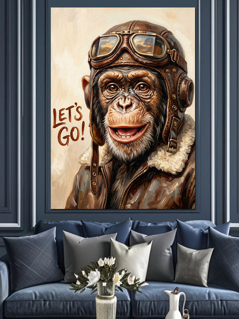Pilot Gözlüklü Şempanze Let's Go Kanvas Tablo