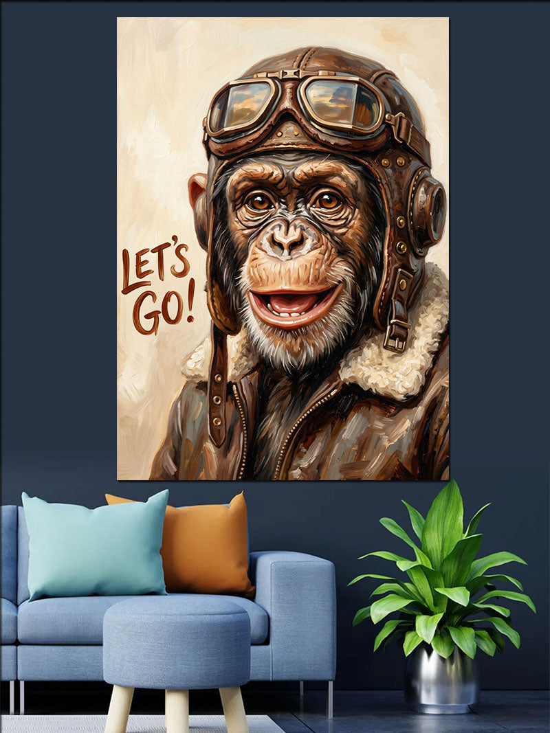 Pilot Gözlüklü Şempanze Let's Go Kanvas Tablo