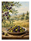 Zeytin dalı ve tabakta yeşil zeytinler mutfak tablosu.