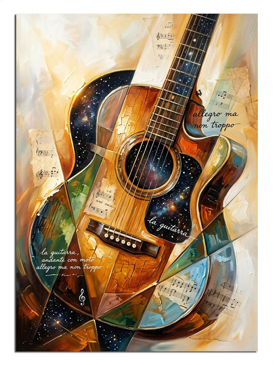 Akustik gitar ve eski nota kağıtlı soyut müzik tablosu.