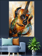 Gitar Ve Nota Kağıtlı Soyut Sanat Kanvas Tablo
