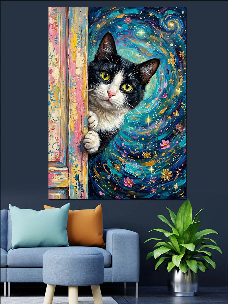Renkli Kapı Aralığından Bakan Kedi Kanvas Tablo