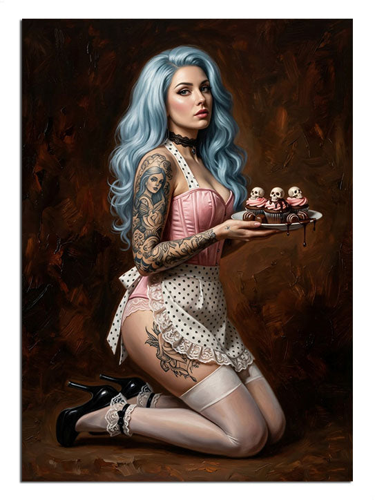 Dövmeli ve kek tutan pembe elbiseli pin-up kadın retro tablo.