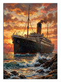 Gün batımında dalgalar arasında Titanic gemisi manzara tablosu.