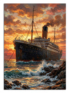 Gün batımında dalgalar arasında Titanic gemisi manzara tablosu.