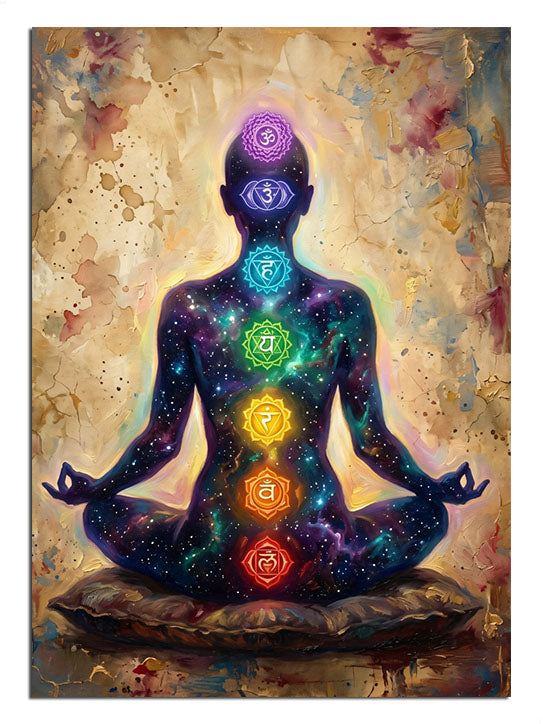 Çakraları ışıklı meditasyon yapan insan silüeti spiritüel tablo.
