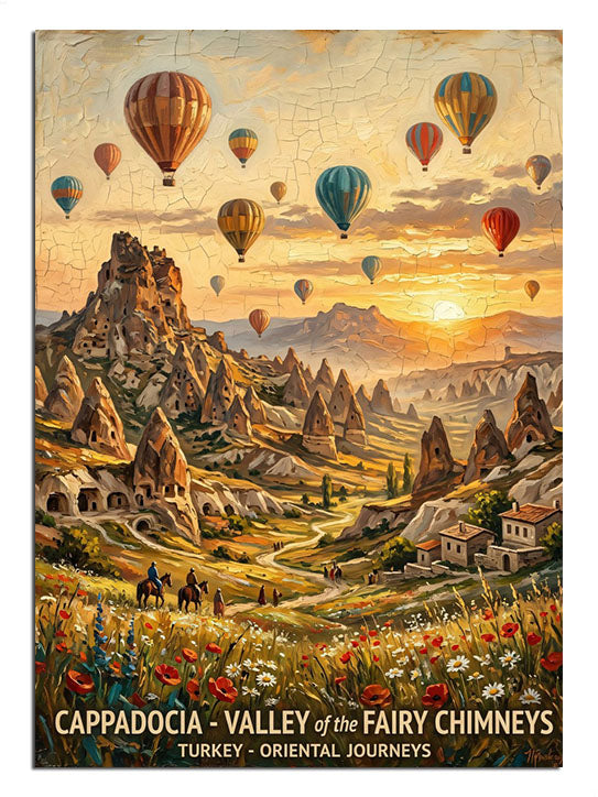Gün doğumunda Kapadokya balonları ve peri bacaları manzara posteri tablo.