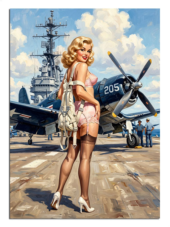 Savaş uçak gemisi önünde pembe iç çamaşırlı pin-up kadın retro tablo.
