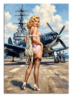 Savaş uçak gemisi önünde pembe iç çamaşırlı pin-up kadın retro tablo.