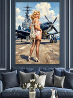 Uçak Gemisi Önünde Pin-Up Kadın Kanvas Tablo
