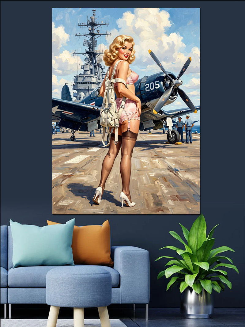 Uçak Gemisi Önünde Pin-Up Kadın Kanvas Tablo