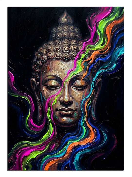 Renkli dumanlar çıkan Buda başı spiritüel tablo.