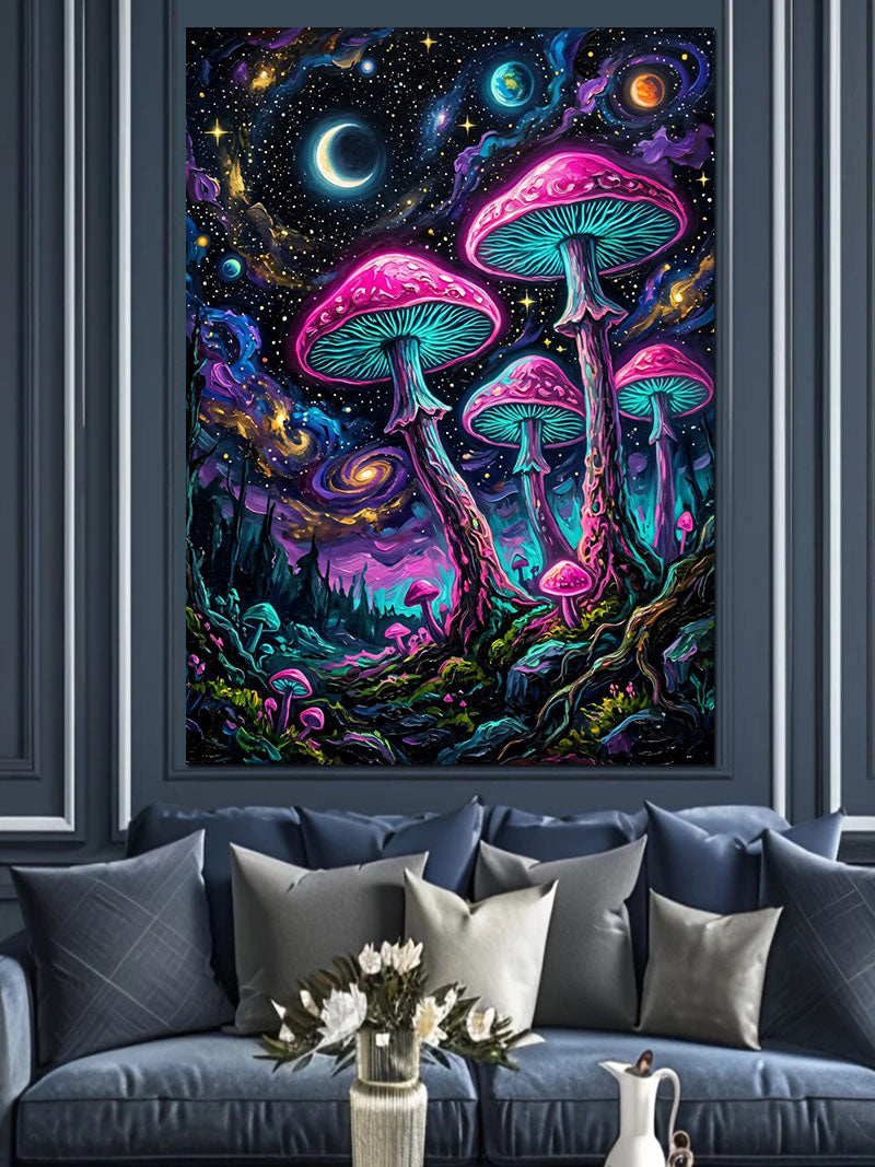 Pembe Mantarlı Gece Ormanı Fantezi Kanvas Tablo
