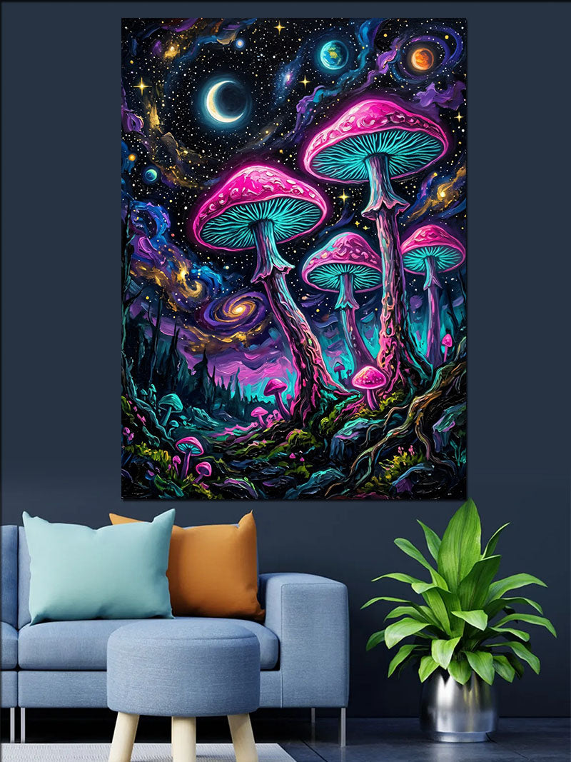 Pembe Mantarlı Gece Ormanı Fantezi Kanvas Tablo