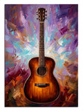 Renkli soyut zemin üzerinde ahşap akustik gitar müzik tablosu.