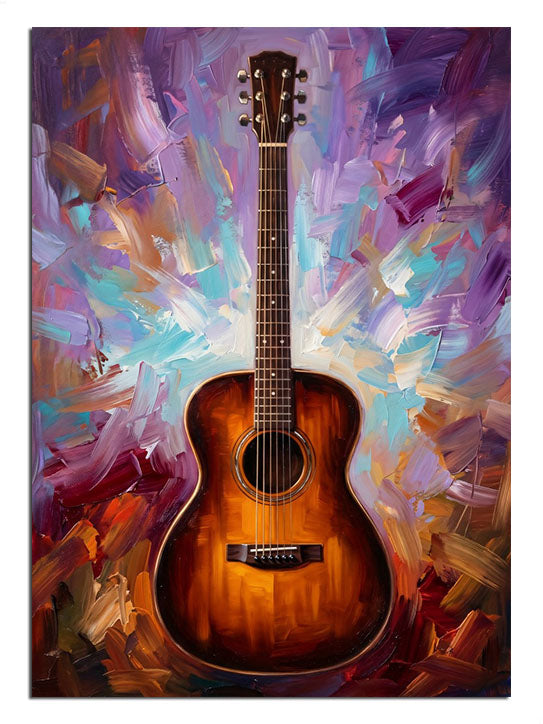Renkli soyut zemin üzerinde ahşap akustik gitar müzik tablosu.