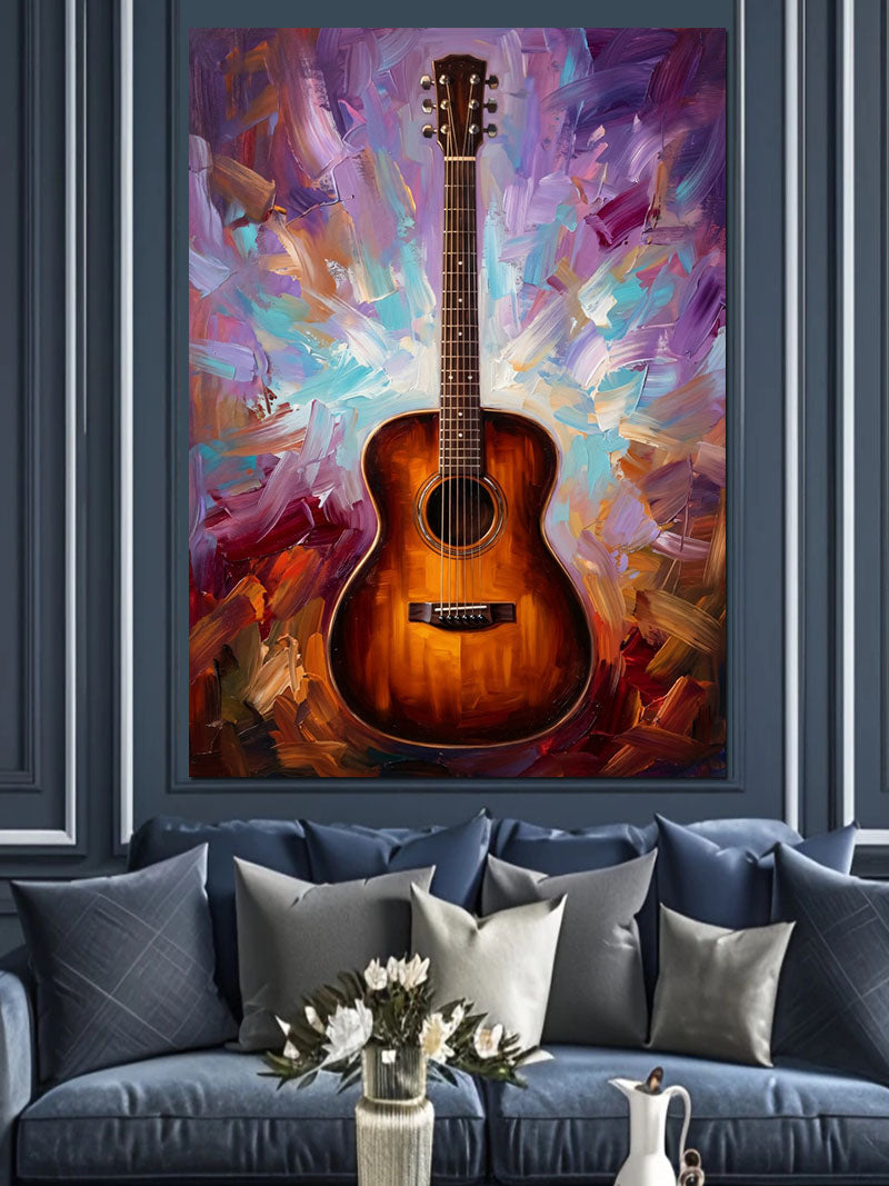 Renkli Zeminde Ahşap Gitar Tablosu Kanvas Tablo