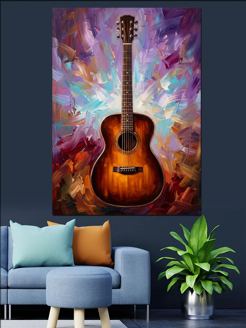 Renkli Zeminde Ahşap Gitar Tablosu Kanvas Tablo