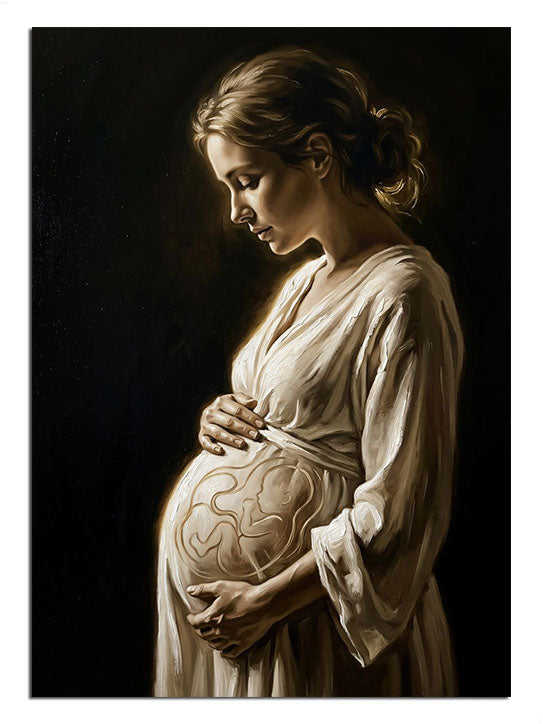 Karnı desenlerle boyalı hamile kadın portresi sanat tablosu.
