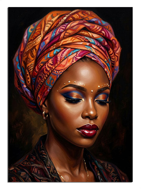 Turuncu renkli türbanlı Afrika kadını portresi tablo.