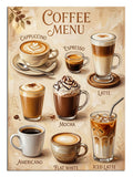 Coffee Menu yazılı 8 çeşit kahve fincanı mutfak posteri tablosu.