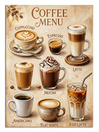 Coffee Menu yazılı 8 çeşit kahve fincanı mutfak posteri tablosu.