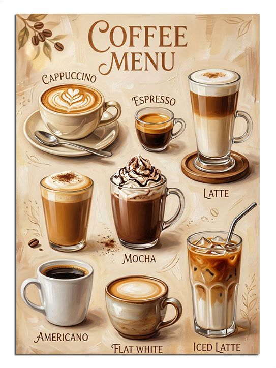 Coffee Menu yazılı 8 çeşit kahve fincanı mutfak posteri tablosu.