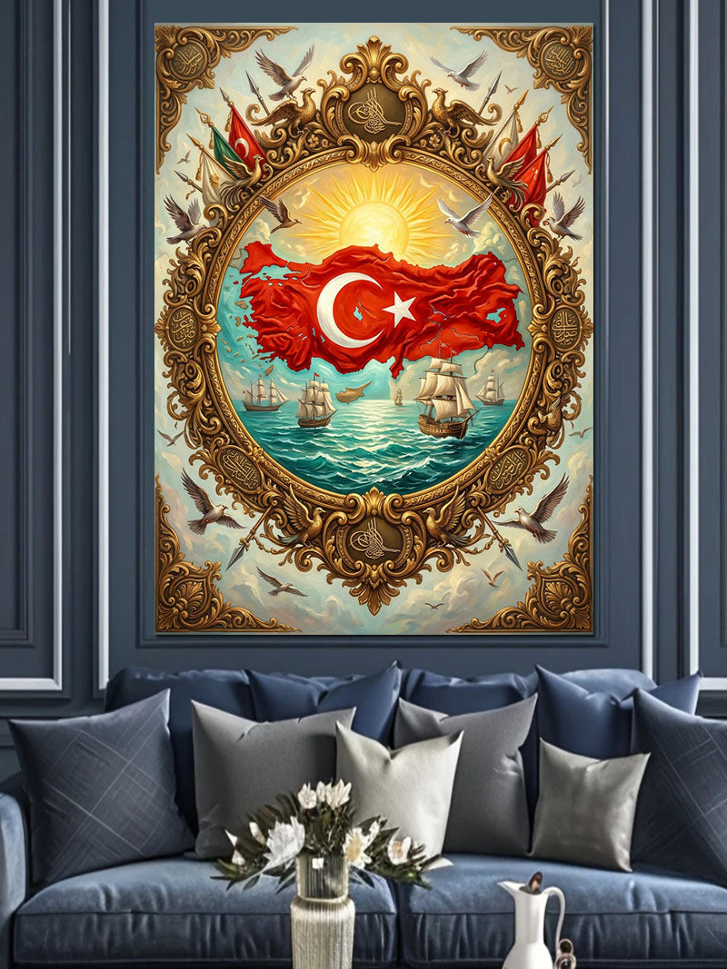 Türk Bayraklı Osmanlı Çerçeve Tarihi Tablo Kanvas Tablo