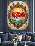 Türk Bayraklı Osmanlı Çerçeve Tarihi Tablo Kanvas Tablo