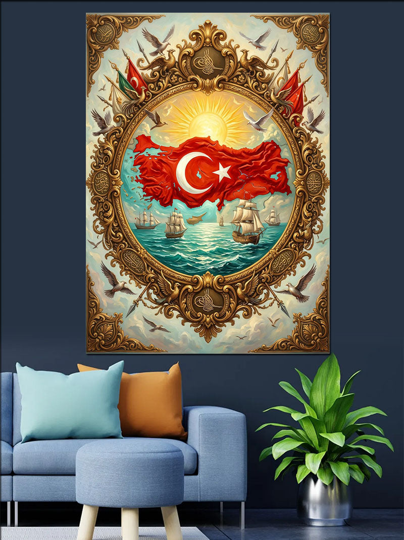 Türk Bayraklı Osmanlı Çerçeve Tarihi Tablo Kanvas Tablo
