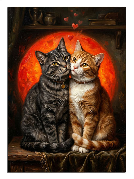 Turuncu ay önünde öpüşen iki kedi aşk tablosu.