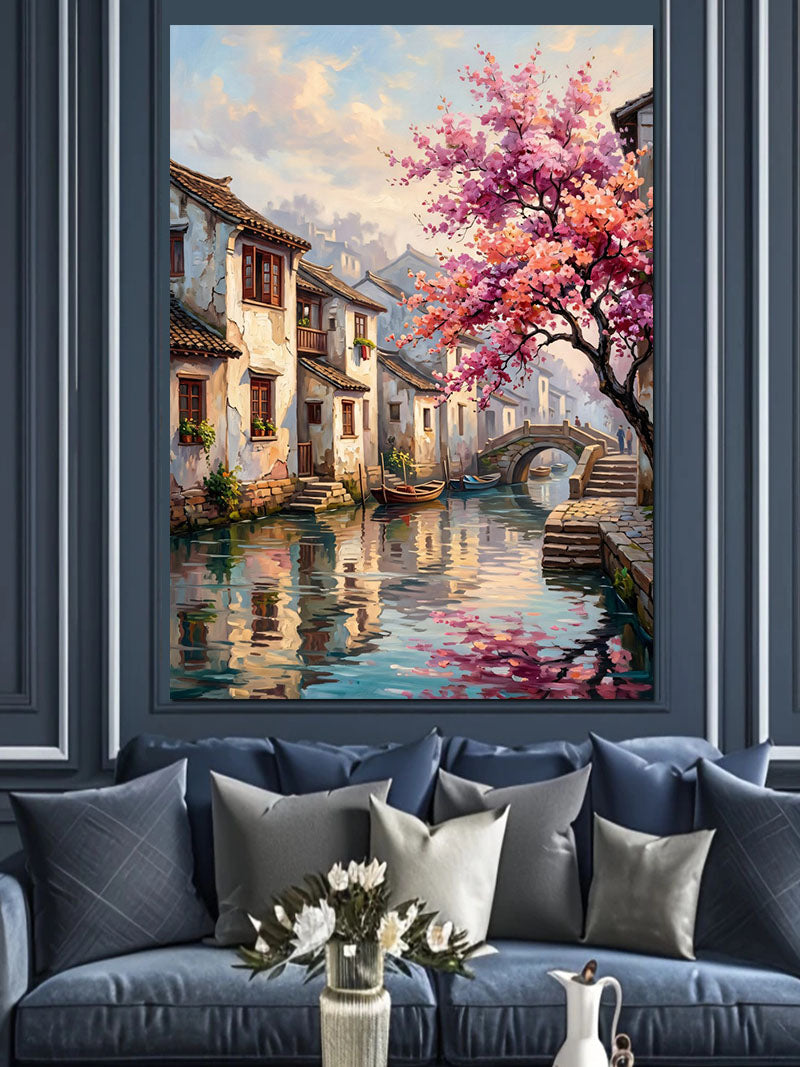 Pembe Çiçekli Kanal Ve Köprü Manzarası Kanvas Tablo
