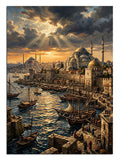 Gün batımında İstanbul cami ve boğazda tekneler liman manzarası tablosu.