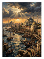Gün batımında İstanbul cami ve boğazda tekneler liman manzarası tablosu.