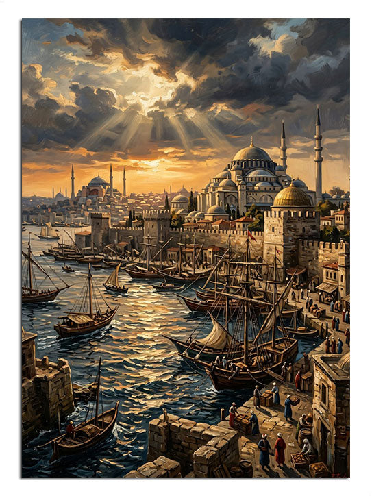 Gün batımında İstanbul cami ve boğazda tekneler liman manzarası tablosu.