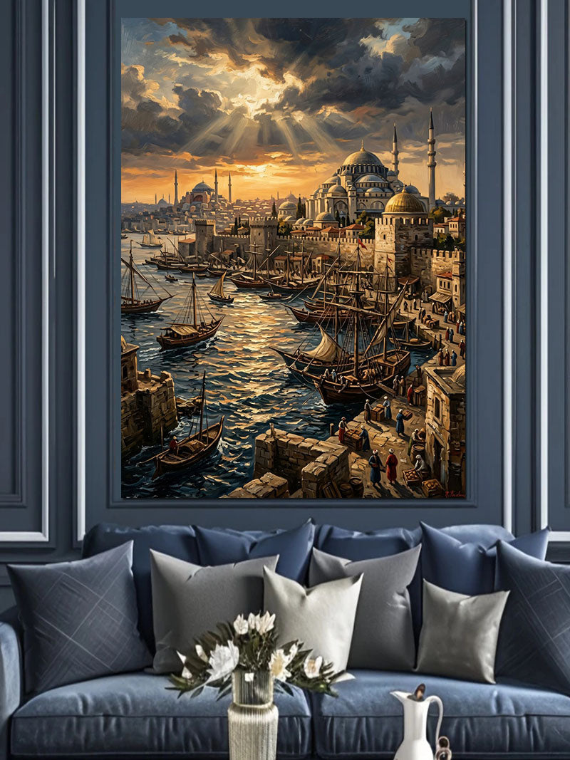 Gün Batımında İstanbul Boğaz Liman Manzarası Kanvas Tablo