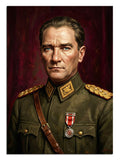 Yeşil üniformalı ve madalyalı Atatürk ciddi portre tablosu.