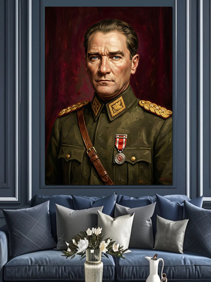 Üniformalı Atatürk Ciddi Portre Tablo Kanvas Tablo