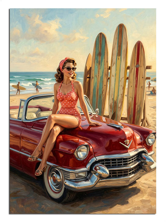 Kırmızı cabrio üstünde mayolu pin-up kız ve sörf tahtaları retro tablo.