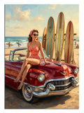 Kırmızı cabrio üstünde mayolu pin-up kız ve sörf tahtaları retro tablo.